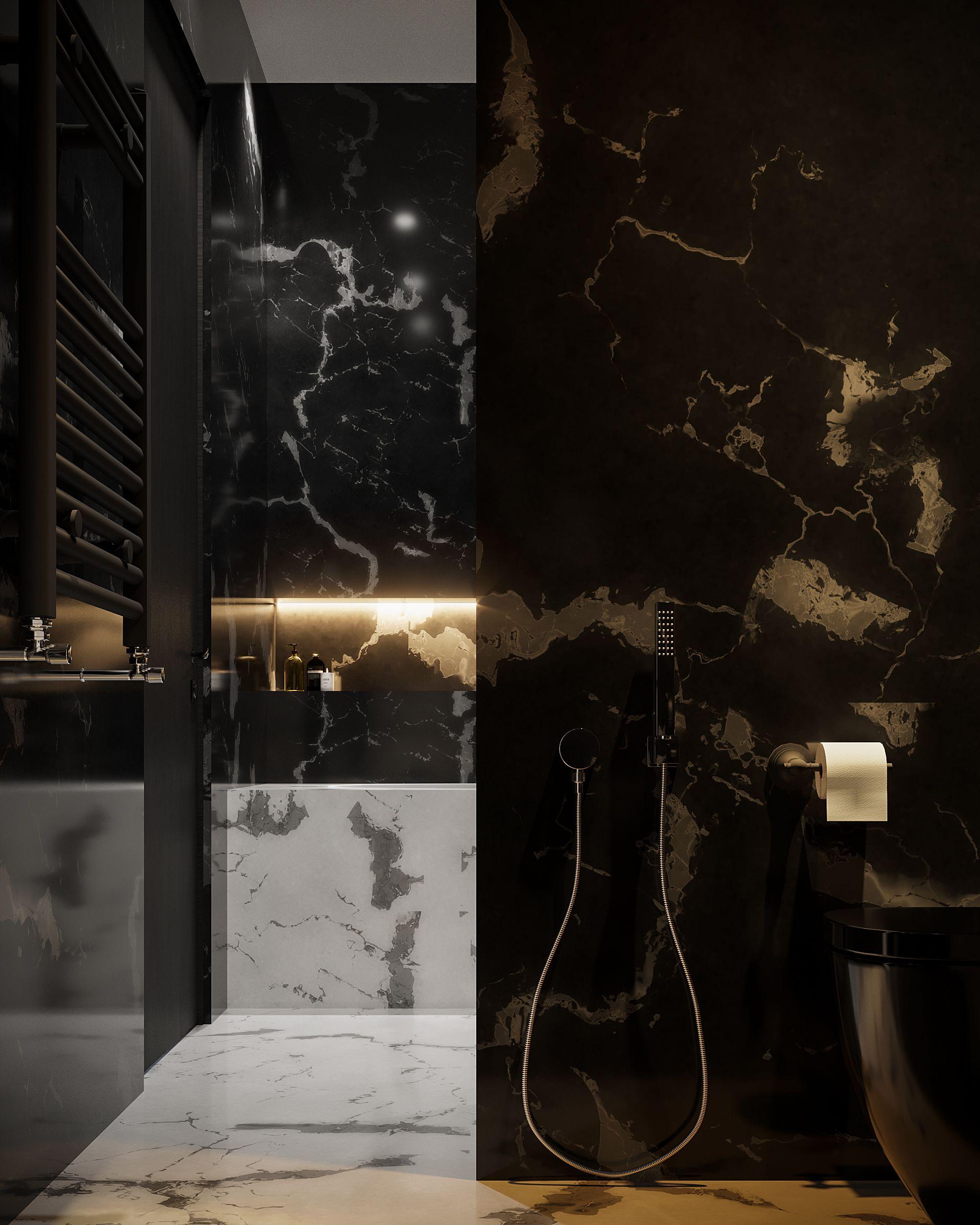 Black and gold marble bathroom with a backlit niche