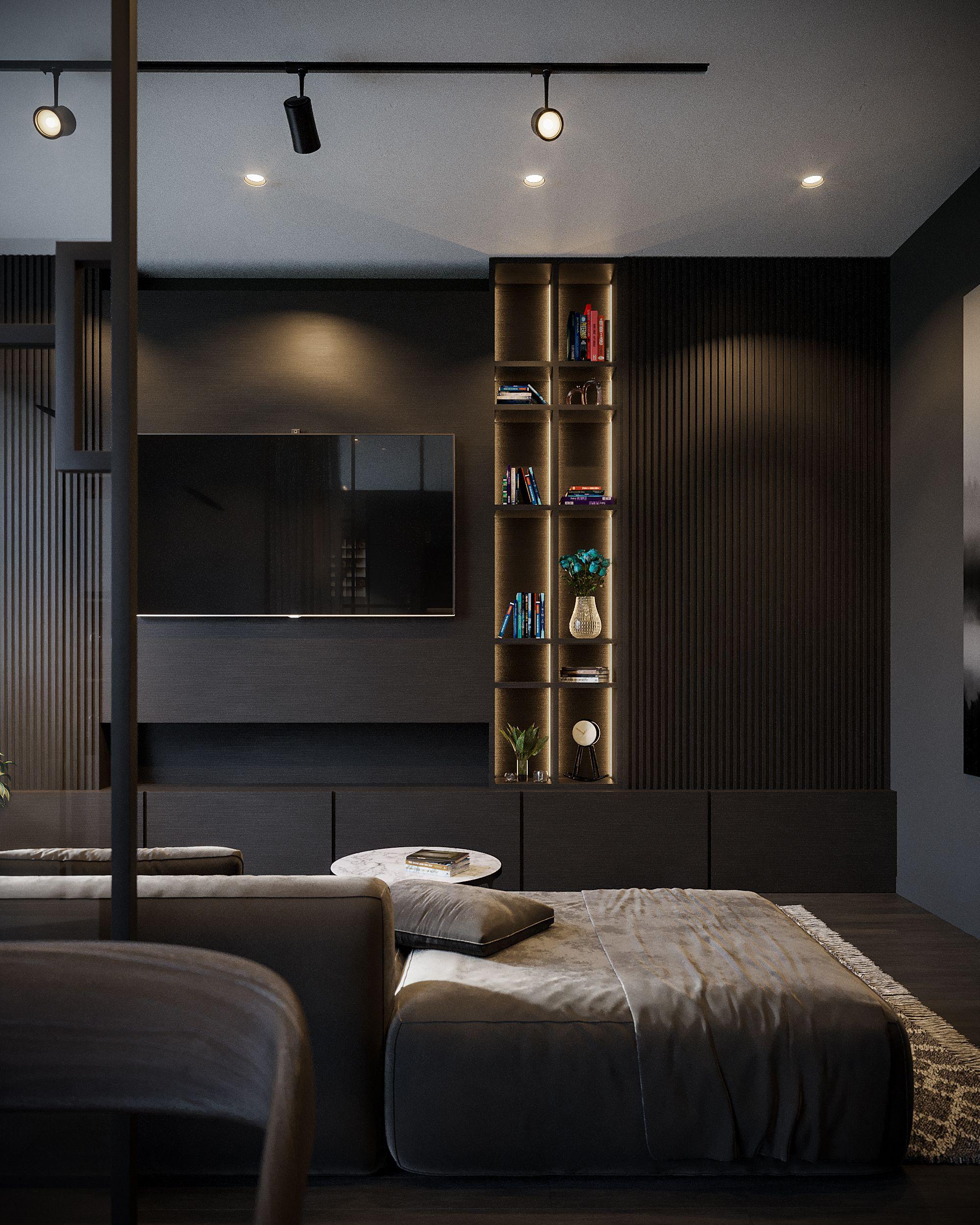 Living room in smoked oak and fluted walnut, lit by a single track