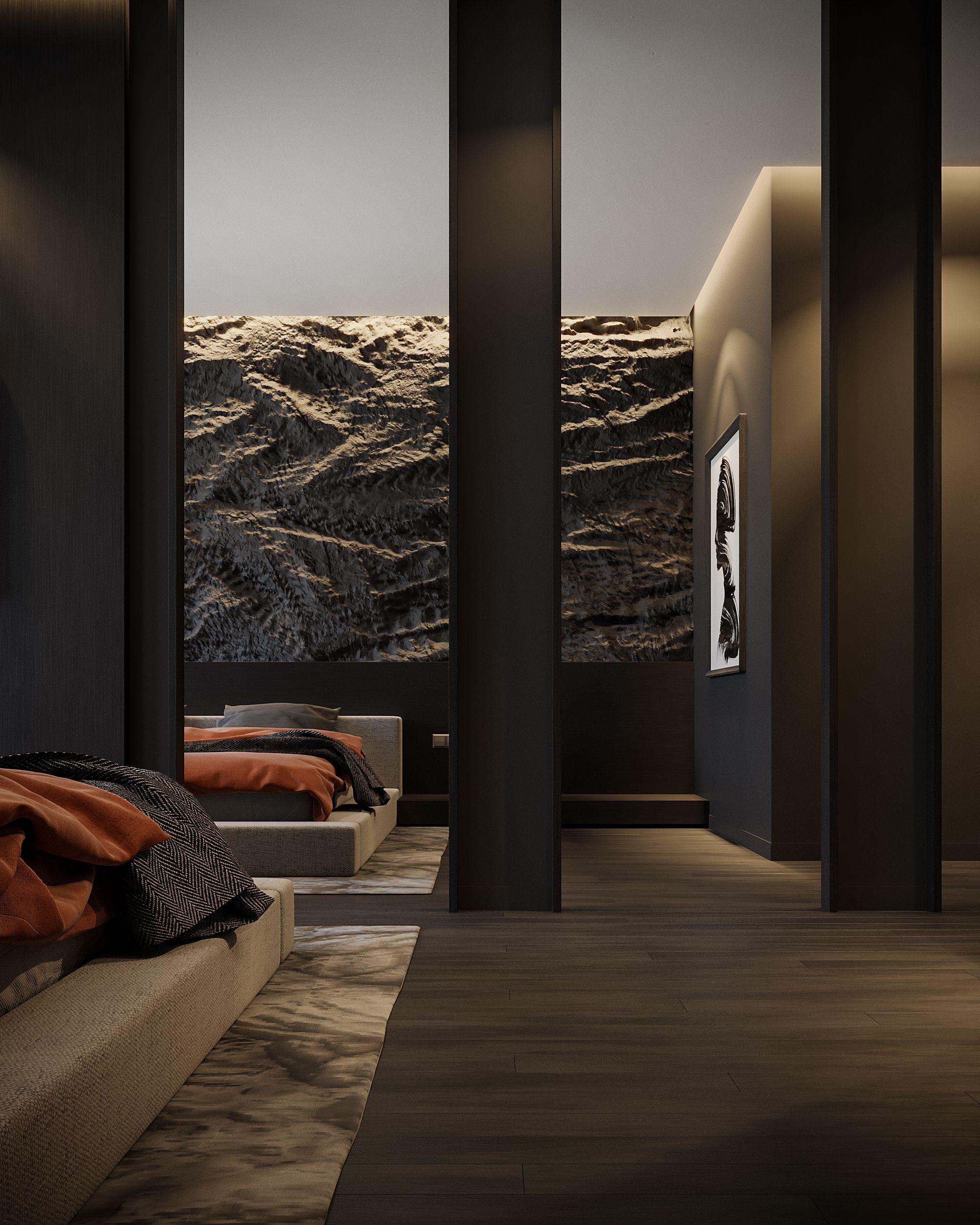Master suite with a sculpted stone wall and low platform bed